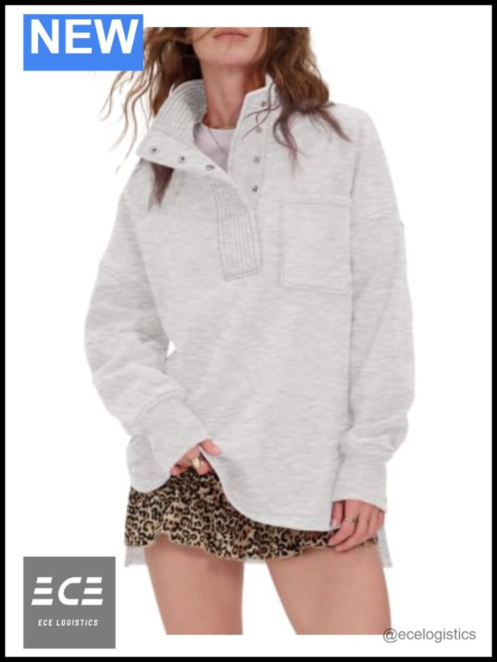 Oversized Henley Neck Snap Button Sweatshirt Slouchy Fit Pullover